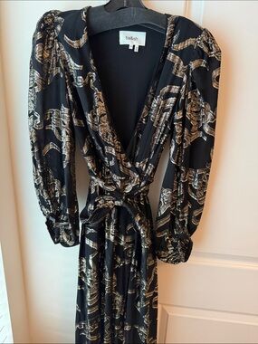 ba&sh Black Wrap Dress with Gold & Silver Metallic Print